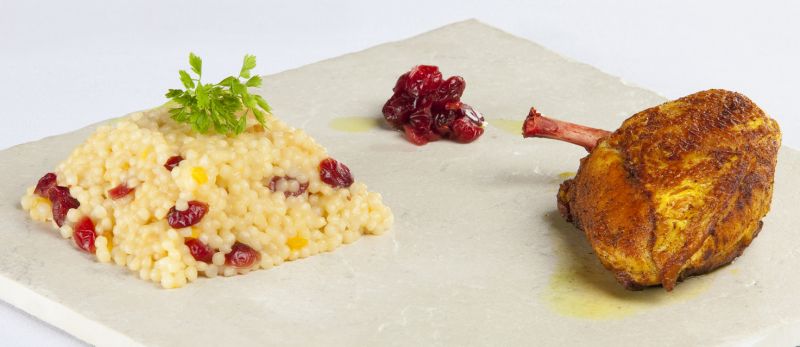 CARDAMON CRUSTED CHICKEN BREAST WITH MARINATED CRAISINS®  ON ISRAELI 